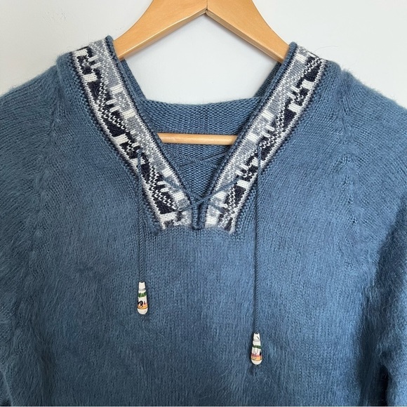 Soft Blue Knit Hoodie with Fringe Trim - Picture 2 of 4